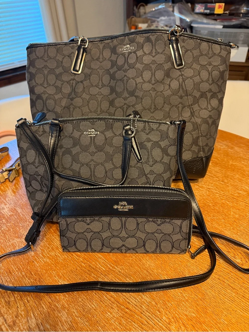 Coach Signature Logo Tote, Crossbody and Wallet in Charcoal/Black